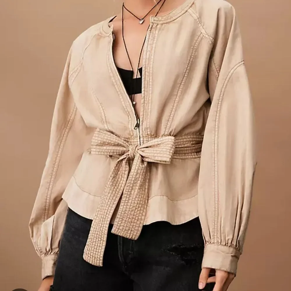 By Anthropologie Belted Round Neck Utility Jacket Tan Brown Size XL Sand Sable - Picture 2 of 15